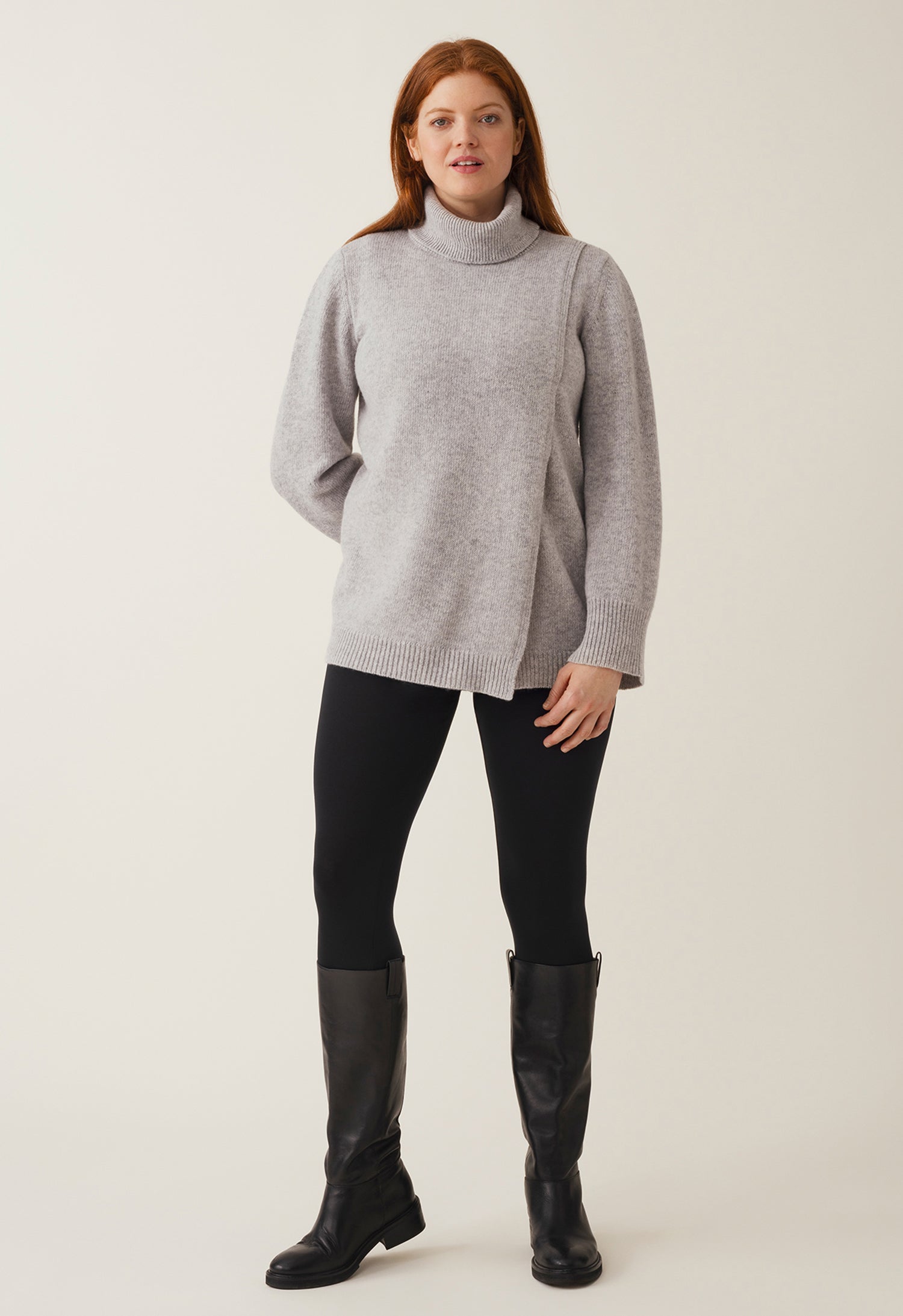 Neulottu imetysneule poolokauluksella - vaaleanharmaa meleerattu