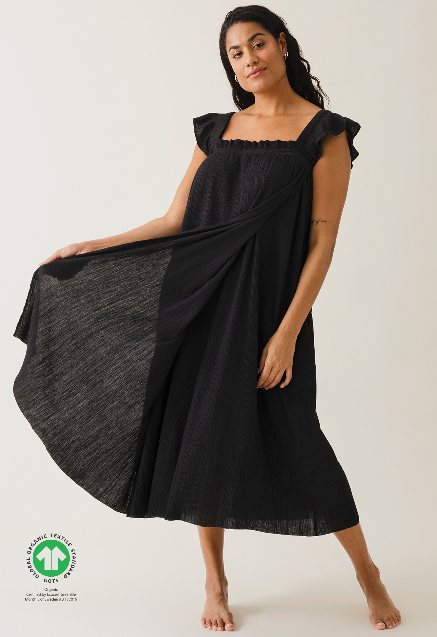 Boho imetysmekko, smokattu yläosa - Musta